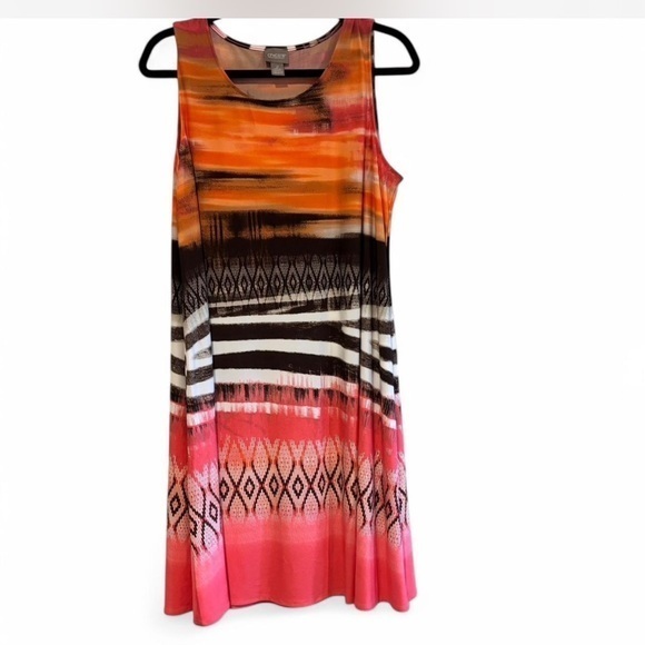 Chico's Size 2 (US L) Orange Pink Black White Abstract Sleeveless Swing Dress" - Picture 1 of 6